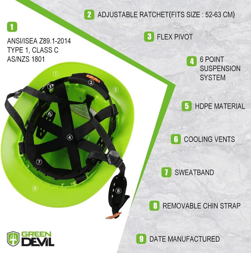 GREEN DEVIL Full Brim Hard Hat Vented Construction Safety Helmet OSHA Approved Cascos De Construccion Work Hardhats with Cooling Towel for Men&Women 6 Point Adjustable Ratchet Suspension - Image 4